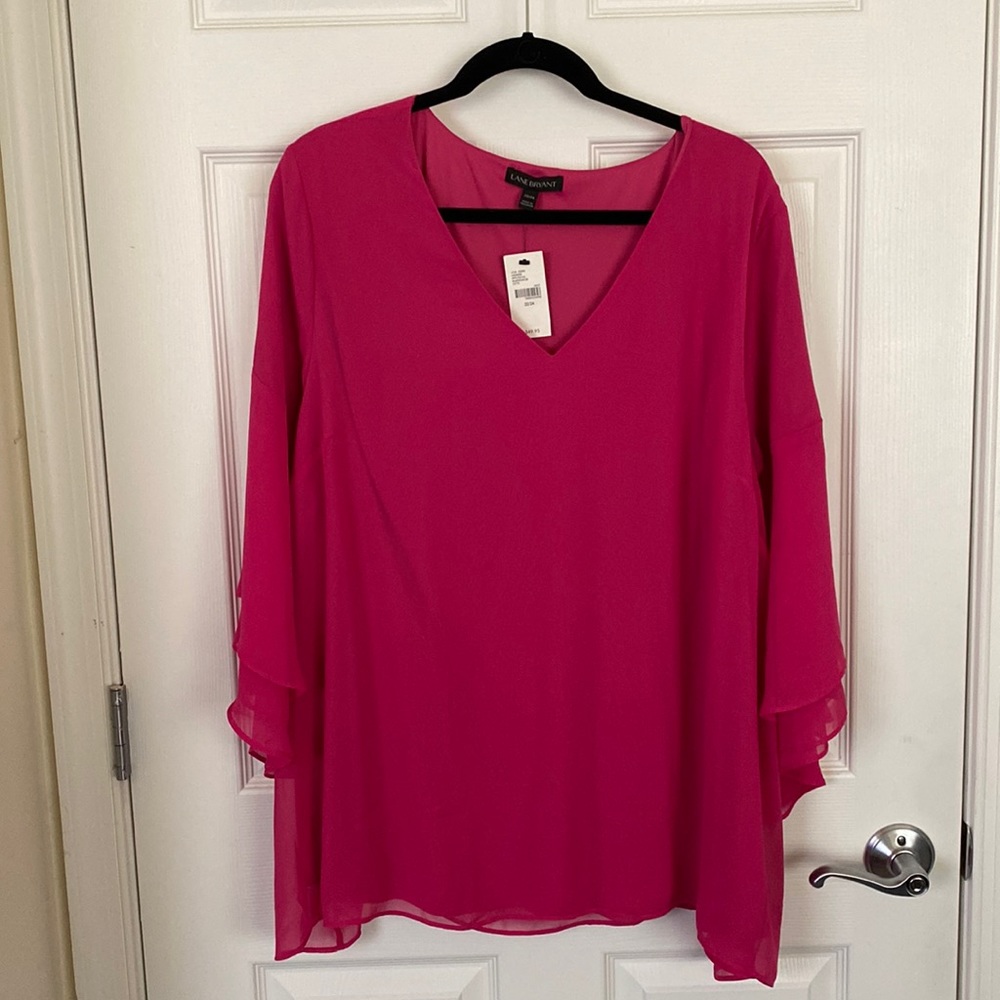 NWT Lane Bryant Pink V Neck Blouse with Tiered Ruffle Sleeves Women’s Size 22/24
